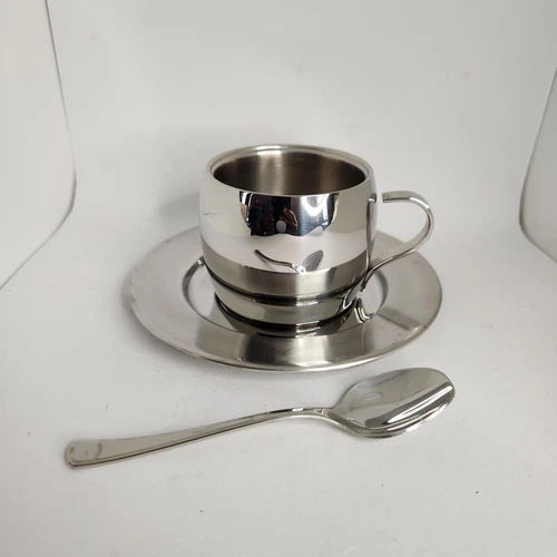 TRAMONTINA INOX 18/10 Brasil  Stainless Steel Insulated ESPRESSO CUP/SAUCER SET