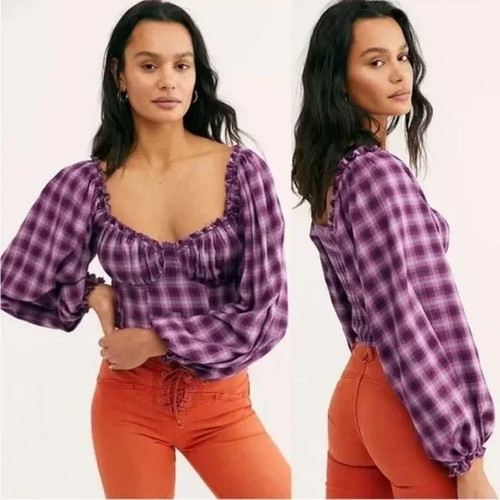 Free People Cherry Bomb purple plaid crop top, size M