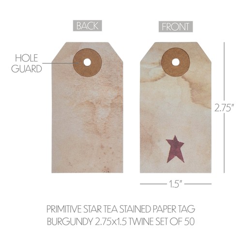 Primitive Star Tea Stained Paper Tag Burgundy 2.75x1.5 w/ Twine Set of 50 - Picture 4 of 6