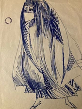 Beautiful Drawing Ink 1930 Portrait Woman Sail Orientalist Morocco Art