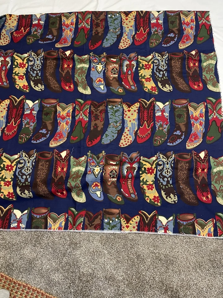 Vtg Barkcloth 2 1/2 Yds 54” W Round Up By Moda Western Boots Fabric Sew Blue NEW - Image 2 of 4