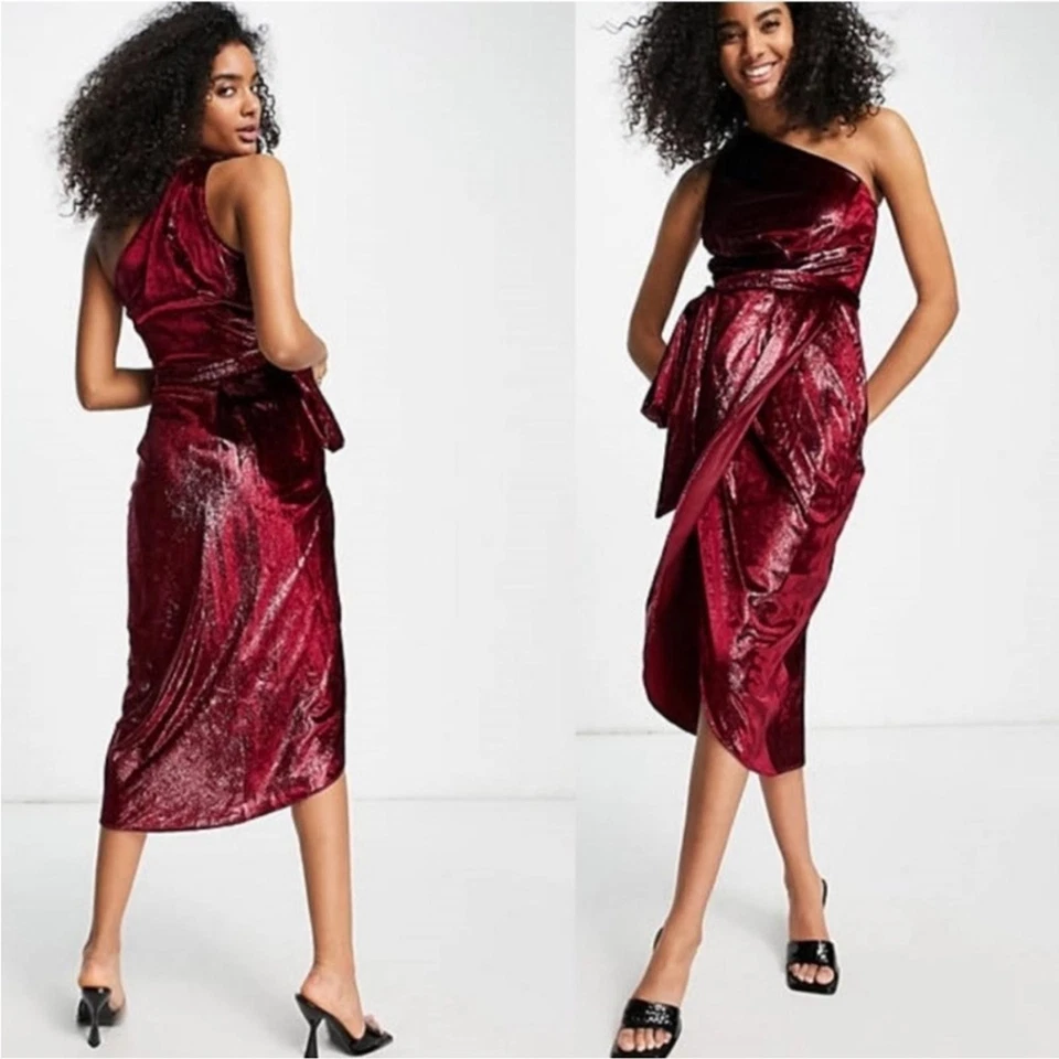 Nuevo con etiquetas Vestido Ted Baker Abitaa Midi Un Hombro Terciopelo Metálico en Sangre de Buey Talla 3 Foto 3 de 4