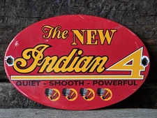 VINTAGE THE NEW INDIAN MOTORCYCLE PORCELAIN DEALERSHIP SIGN 8.5" X 5.5"