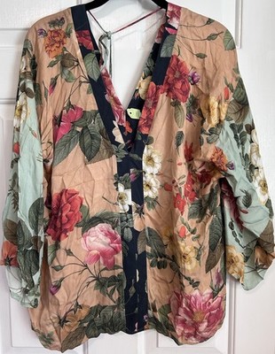 FARM RIO Anthropologie Mixed Floral Kimono Top V-Neck Medium Botanical Colorful