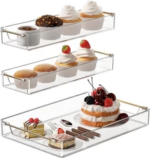 3 pcs Clear Serving Tray Set with Gold Handles Plastic Spill-Proof Party Trays