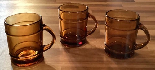 vtg Set of 3 Anchor Hocking Fire King Amber Brown Glass Barrel Coffee Mugs Cups