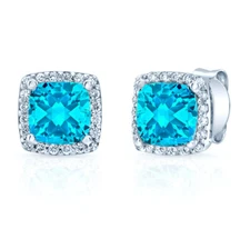 Cushion Cut Swiss Blue Topaz Diamond Stud Earrings 14K White Gold  1.64 TCW