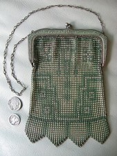 Antique Art Nouveau Frame Green Silver Enamel BEADLITE Chain Mail Mesh Purse