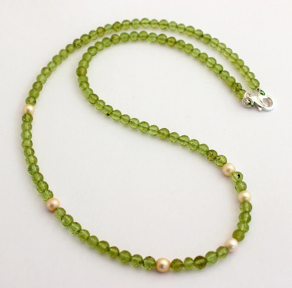 Edle Peridot Kette mit Perle edelsteinkette Olivin Grün facettierte Collier 45cm - Bild 1 von 2