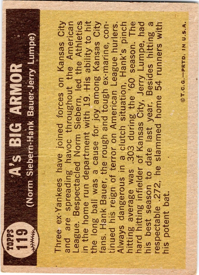 Hank Bauer Jerry Lumpe Signed Autographed 1961 Topps Baseball Card A's Big Armor - Image 2 of 2