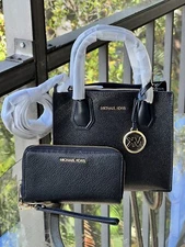 New Michael Kors Leather Logo MD Mercer Crossbody HandBag black+Wristlet Wallet