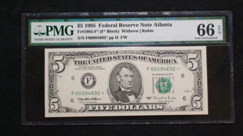 1995 ATLANTA Cinque Dollari PMG GEM UNC 66 EPQ Federal Reserve NOTA STELLA $5 BANCONOTA! - Foto 1 di 4