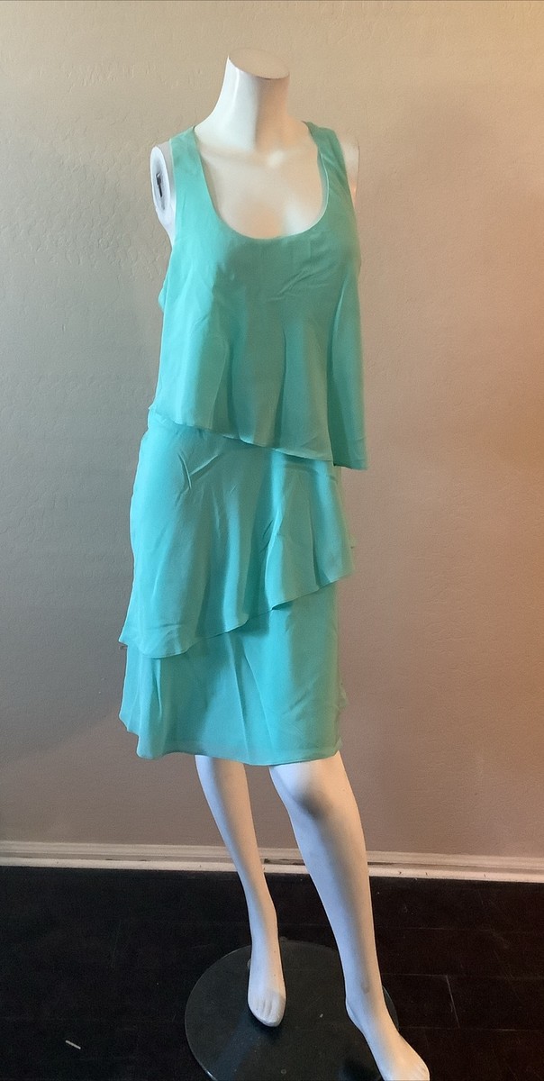shoshanna green dress Raceback Tiered Sheer Sleeveless Shift Sz 8 silk-agr