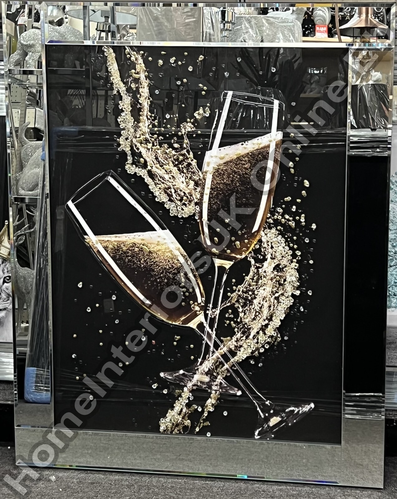Two champagne glasses wall art picture with liquid art, crystals