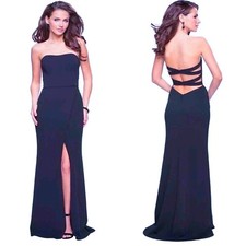 New 27035 La Femme Strapless Strappy Back Slit Blue Evening Maxi Gown Dress Sz 0