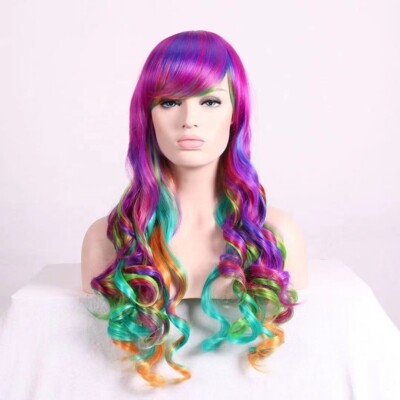 Lady Long Curly Wigs Fashion Cosplay Costume Hair Anime Rainbow Wavy Party Wig