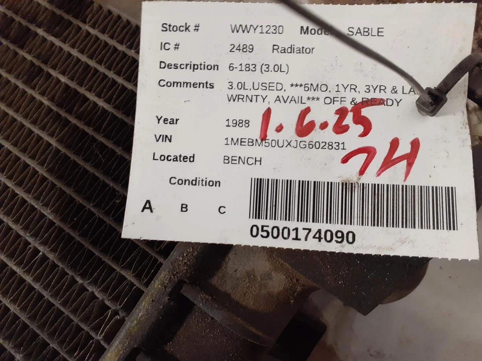 Used Radiator fits: 1988 Mercury Sable 6-183 3.0L from 1/87 2 row Grade A - Image 3 of 4