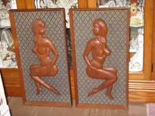 1960's PAIR OF MID-CENTURY MOD WOODEN NUDE WOMAN WALL ART PLAQUES IN FRAMES