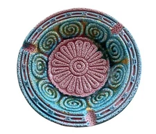Vtg MCM Style Pink & Aqua Ceramic Ashtray Retro Unmarked 7 Inch