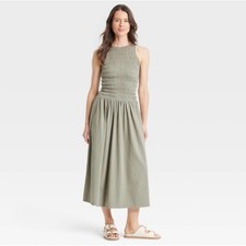 Universal Thread Tank Maxi Dress Olive Green Smocking Pockets Women's Size M