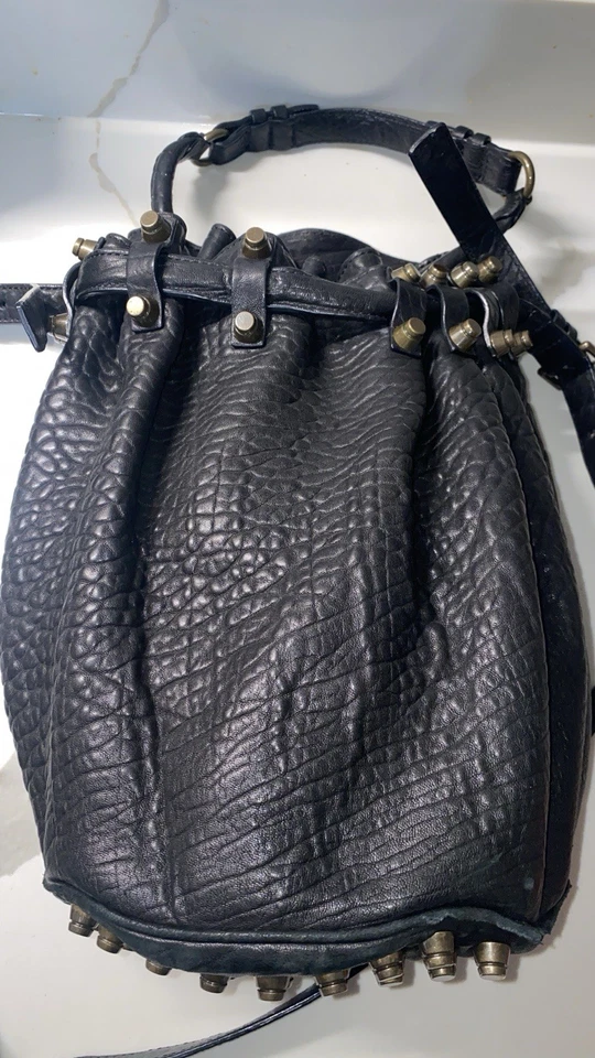 ALEXANDER WANG Diego Black Pebbled Leather Bucket Bag w/ Studded Bottom - Image 3 of 4