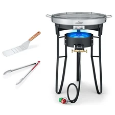 23" Heavy Duty Stainless Steel Concave Comal Set with High-Pressure Propane B...