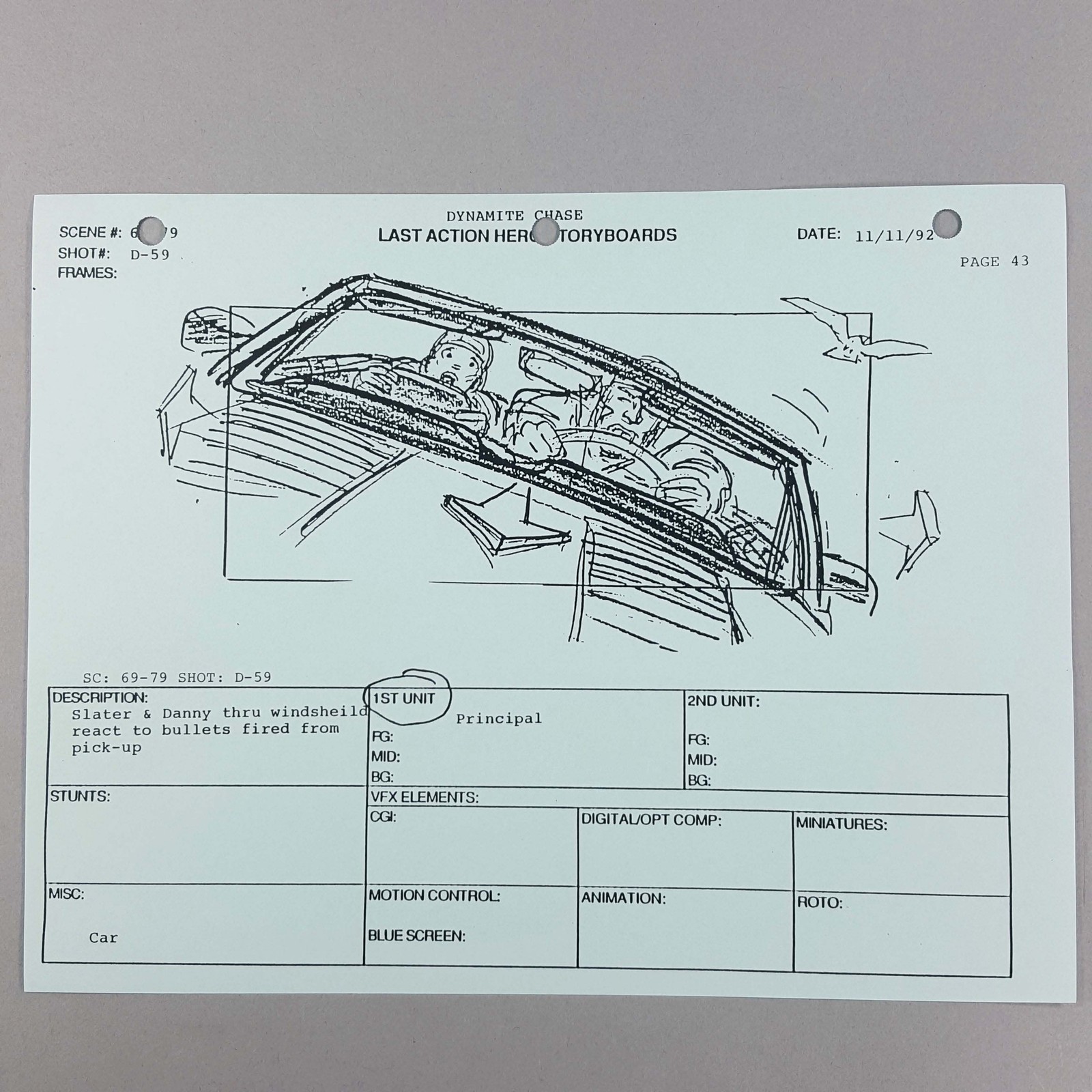 Last Action Hero Storyboard Slater & Danny Mid-Air Jumping Car Movie Prop COA