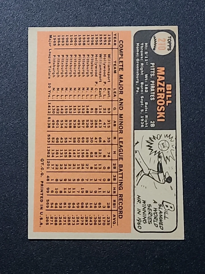 1966 Bill Mazeroski #210 Topps NR-MINT - Image 2 of 4