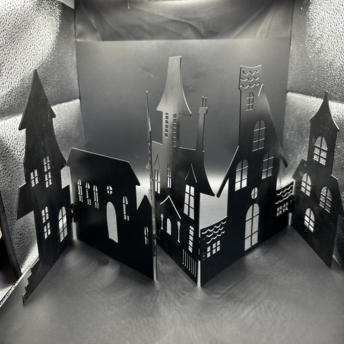 Schwarze Metall Silhouette aufklappbare Häuser Halloween Deko