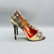 Charles Jourdan Shoes Womens 9 Beige Black Snake Print Peep Toe Pumps High Heels