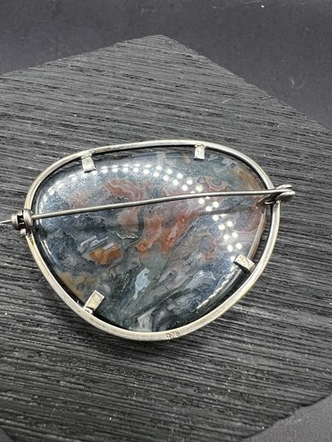 Vintage Sterling Silver Moss Agate Pin Brooch 2" - Picture 6 of 7