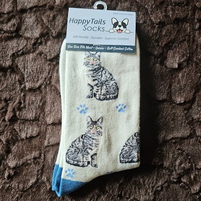 Happy Tails Grey Tabby Cat- yellow Crew Socks One Size Fit Most NWT