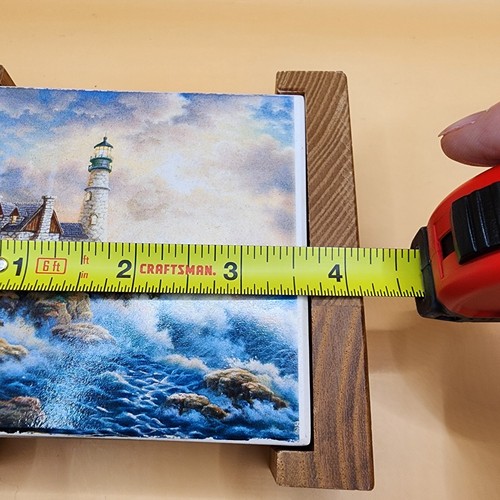 4 Thomas Kinkade Ceramic Drink Coaster Set Lighthouse Nautical Wooden Holder - Picture 4 of 4