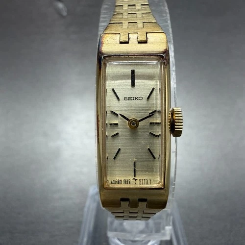 Seiko Tank Watch Women 12mm Champagne Dial Gold Tone Rectangle Manual Wind Runs5