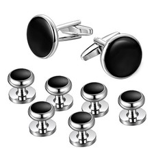 Mens Cufflinks and Studs Set Tuxedo Shirts Classic Black Silver Match for Bus...