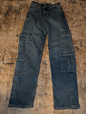 American Eagle Baggy Cargo Jeans Womens 0 25x30 Blue High Rise Stretch