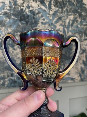 KARNEVALSGLAS ~ FENTON BLAU ORANGE BAUM LIEBENDE TASSE ~