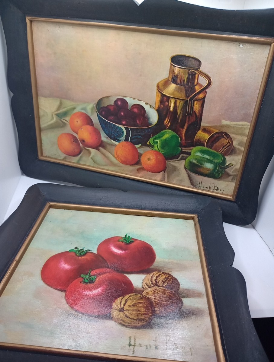 VTG 1961 Henk Bos Framed Fruit Still Life Print On Wood Set of Two