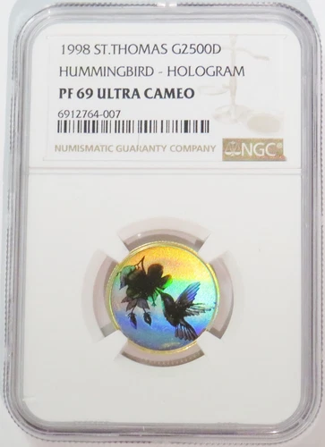 1998 GOLD ST. THOMAS 2500 DOBRAS HOLOGRAM HUMMINGBIRD NGC PROOF 69 ULTRA CAMEO