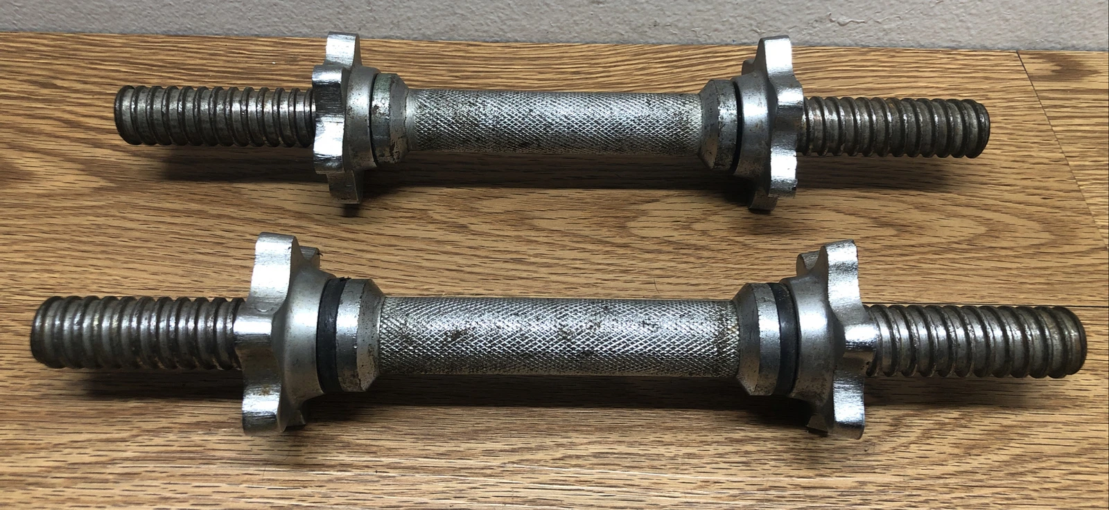 (2) Vintage BOLLINGER Chrome Dumbbell Bar Handle For 1” Weight Plate W/Collars
