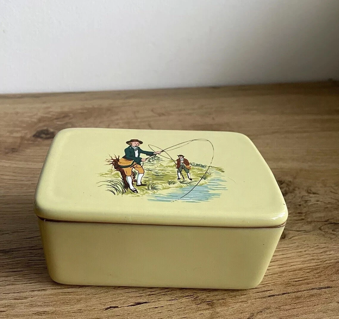 Vintage Denby Butter Dish / Trinket Box with Fly Fishing Scene