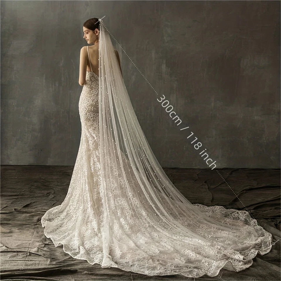 3M Catedral Largo Novia Boda Velo Tocado Perlas Metal Blanco Peine Foto 2 de 4