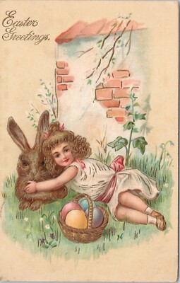 Easter Greetings Little Girl With Rabbit/Basket Eggs/ Embossed Postcard