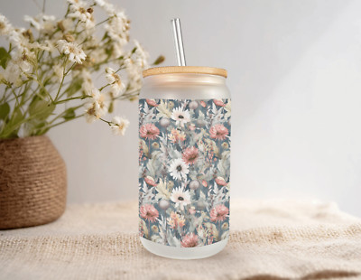 Perennial Garden Frosted Glass Can W/ Bamboo Lid 16 Oz Glass Cup by Mugzan