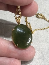 Designer SN / NS Jade Nephrite Gemstone Oval Pendant Gold Plated Chain Necklace