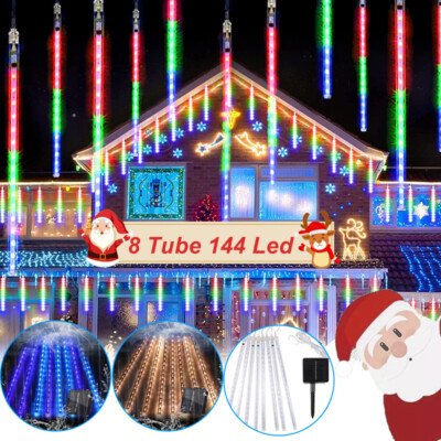 144LED Lluvia de meteoritos solares Luces de cadena de hadas al aire libre Decor