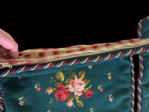 Vintage Needlepoint Pillow Covers Shams Green Floral GORGEOUS Plaid Back 17x20" - Picture 7 of 10
