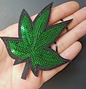 Details About Green Sequin Marijuana Weed Pot Leaf Stoner Iron Onsew On Embroidered Patch