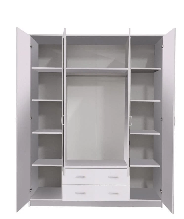 Bonn White 4 Door 2 Drawer Triple Wardrobe with Mirror Shelves And