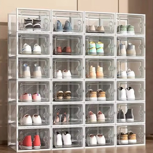 12 x Stackable Foldable Boxes Trainers Organiser Clear Plastic Shoe Storage Box - Picture 6 of 20
